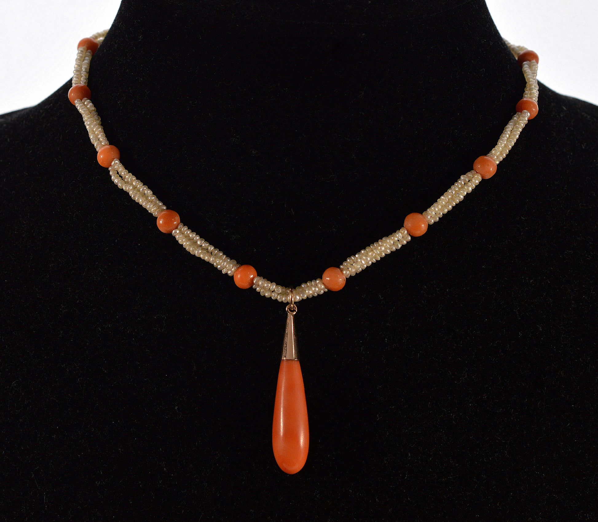 Antique Victorian Seed Pearl Coral Choker Necklace 9K Gold C.1880