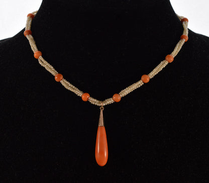 Antique Victorian Seed Pearl Coral Choker Necklace 9K Gold C.1880
