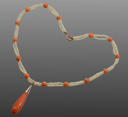 Antique Victorian Seed Pearl Coral Choker Necklace 9K Gold C.1880