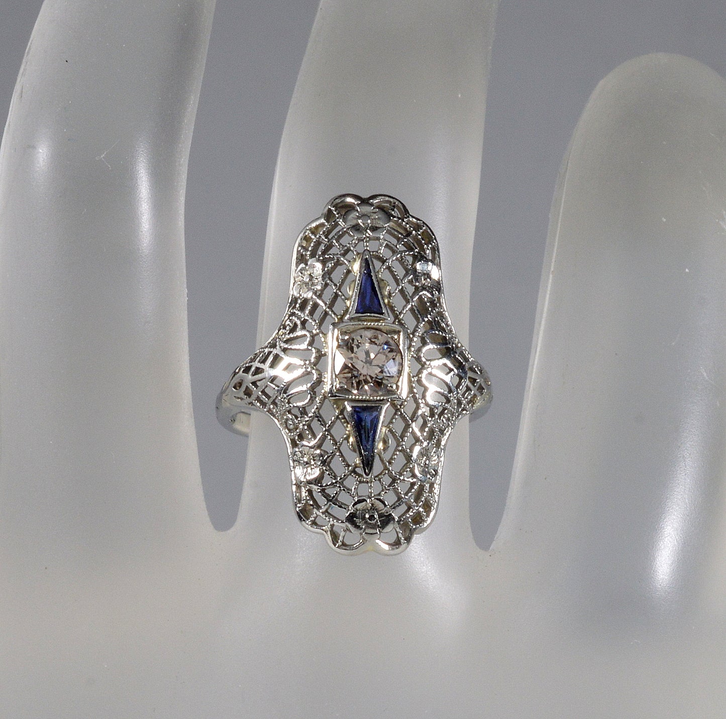 Art Deco 18K White Gold Diamond Sapphire Ring Size 5 3/4