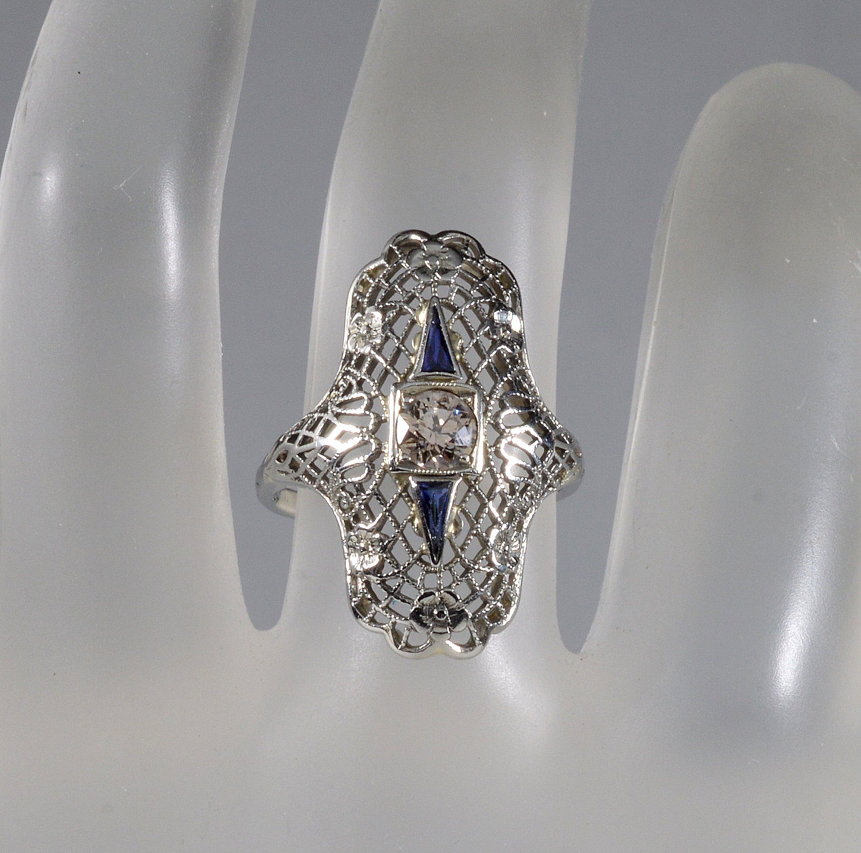 Art Deco 18K White Gold Diamond Sapphire Ring Size 5 3/4