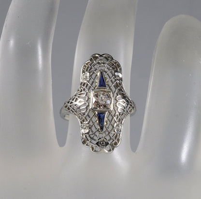Art Deco 18K White Gold Diamond Sapphire Ring Size 5 3/4