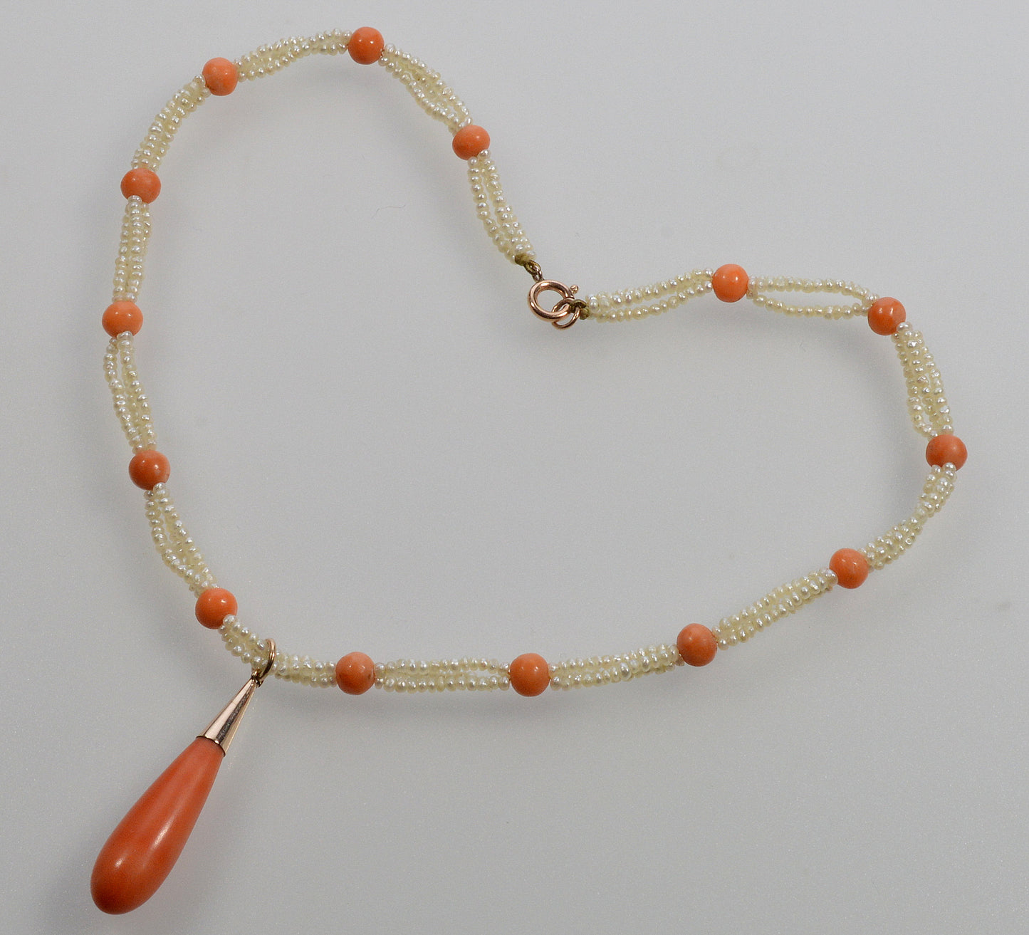 Antique Victorian Seed Pearl Coral Choker Necklace 9K Gold C.1880