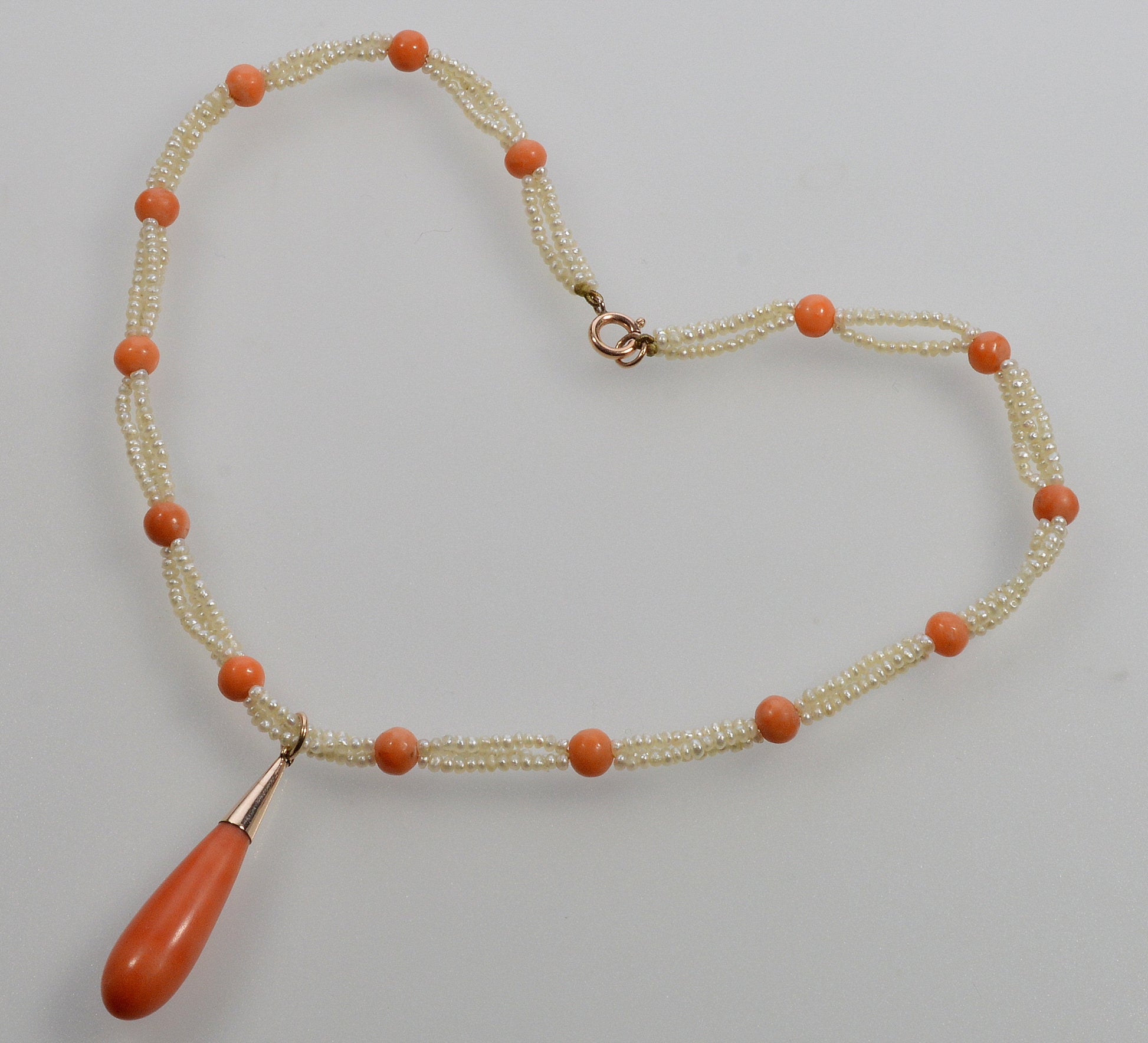 Antique Victorian Seed Pearl Coral Choker Necklace 9K Gold C.1880