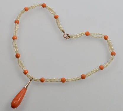 Antique Victorian Seed Pearl Coral Choker Necklace 9K Gold C.1880