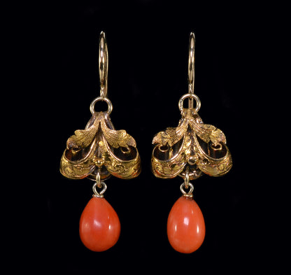 Antique Victorian 14K Gold Red Coral Bow Earrings C.1890