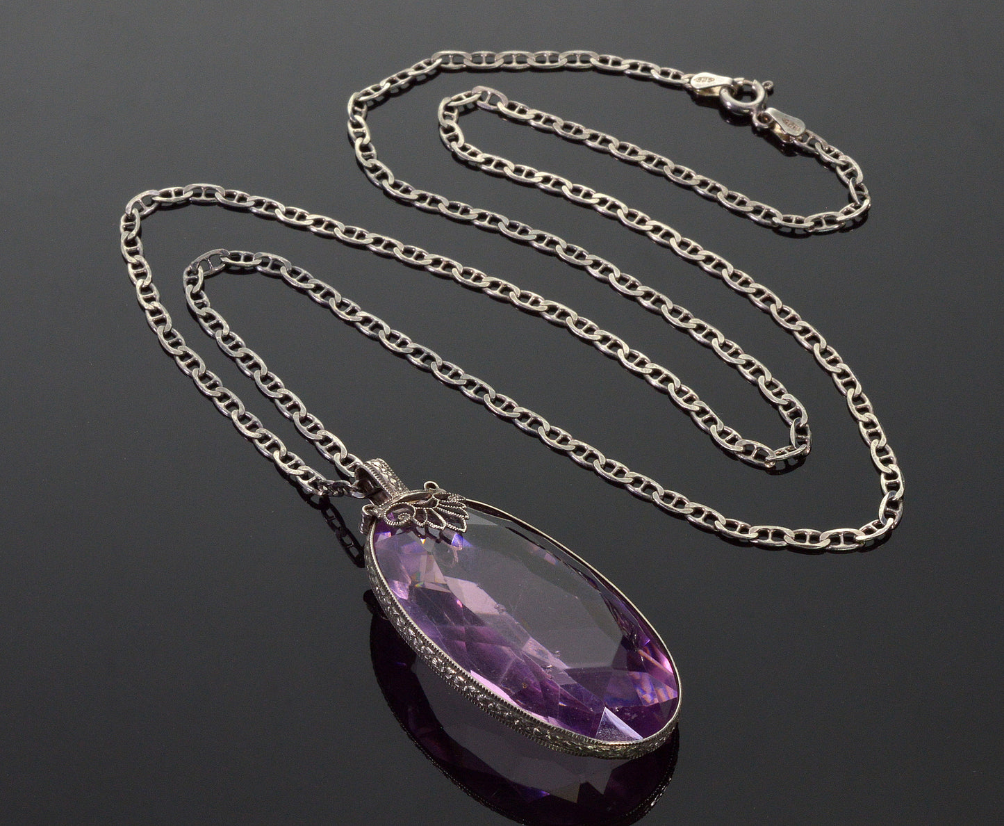 Antique Art Deco Italy Sterling Amethyst Crystal Necklace C.1920