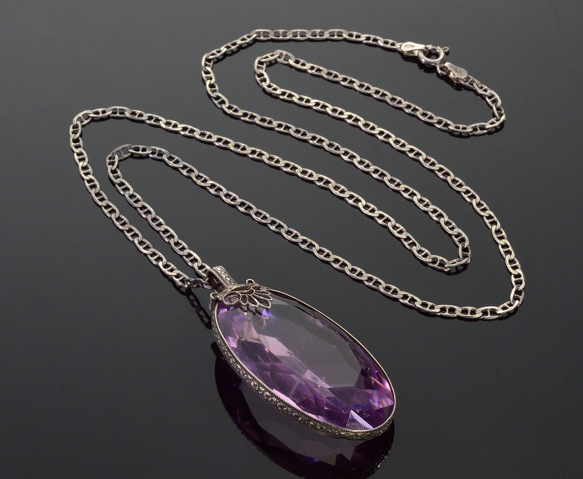 Antique Art Deco Italy Sterling Amethyst Crystal Necklace C.1920