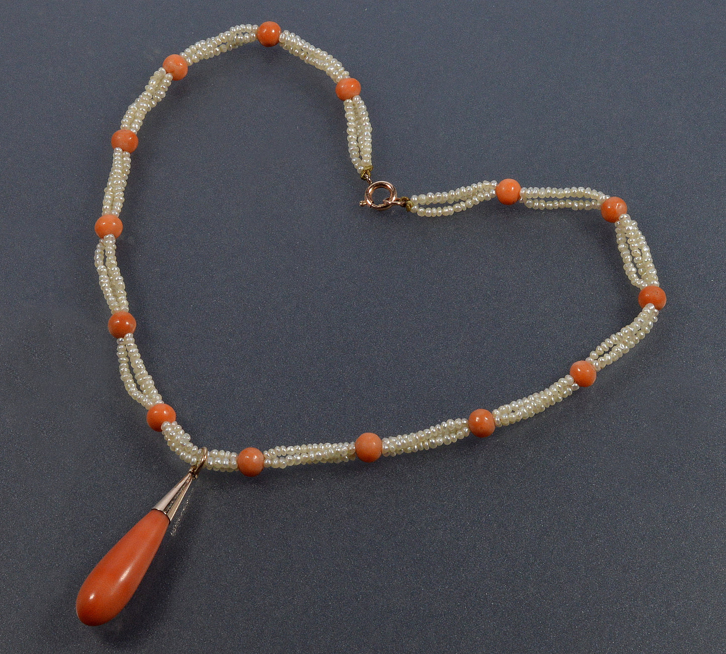 Antique Victorian Seed Pearl Coral Choker Necklace 9K Gold C.1880