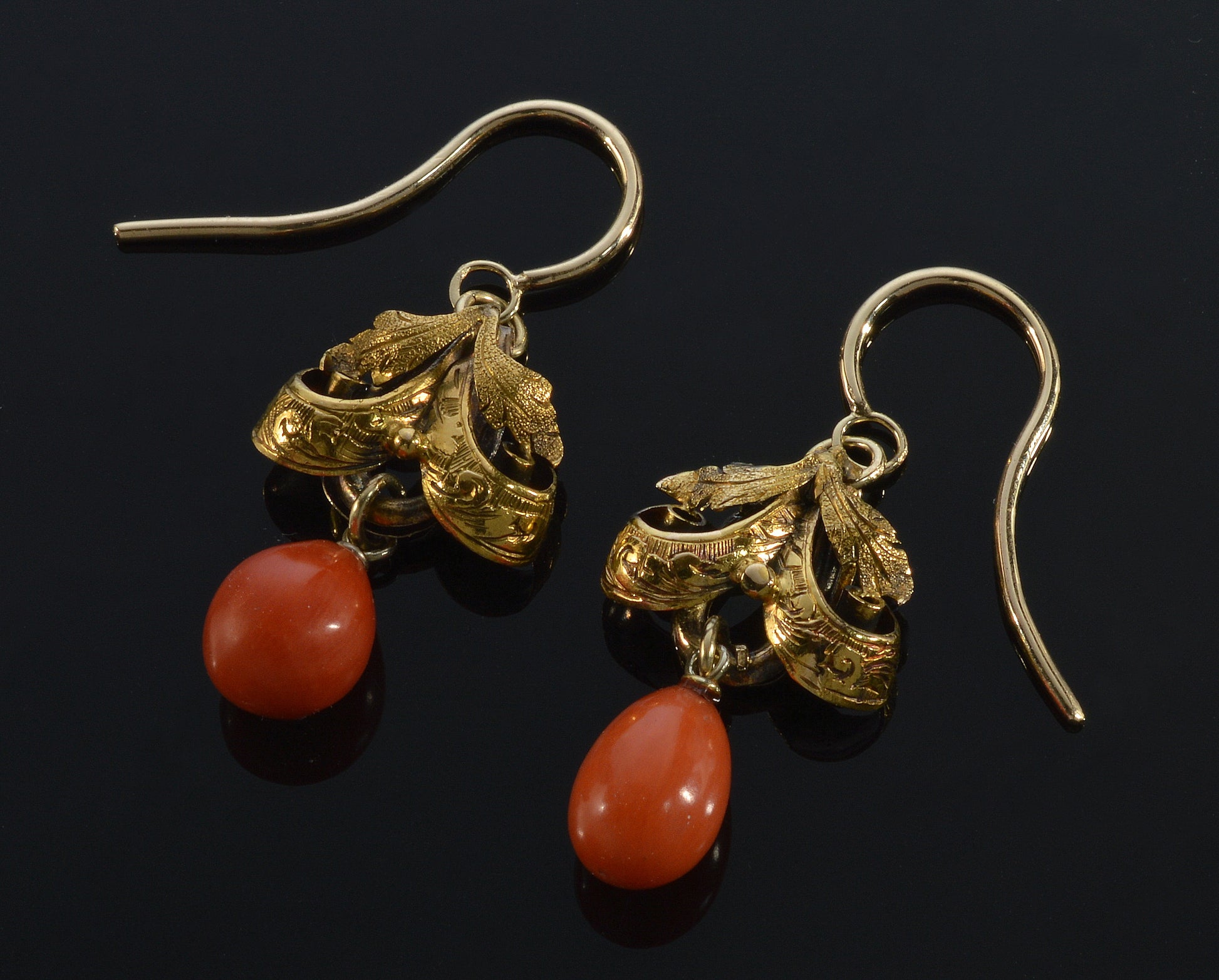 Antique Victorian 14K Gold Red Coral Bow Earrings C.1890