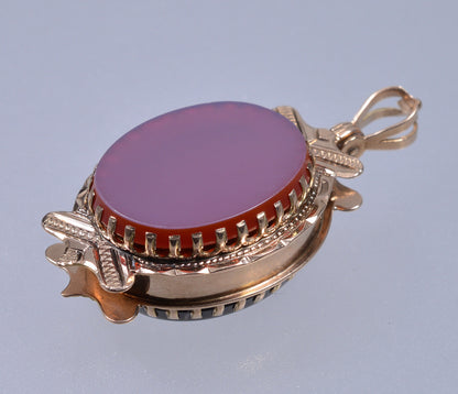 Antique Victorian 14K Gold Fob Locket Pendant Carnelian Banded Agate C.1890