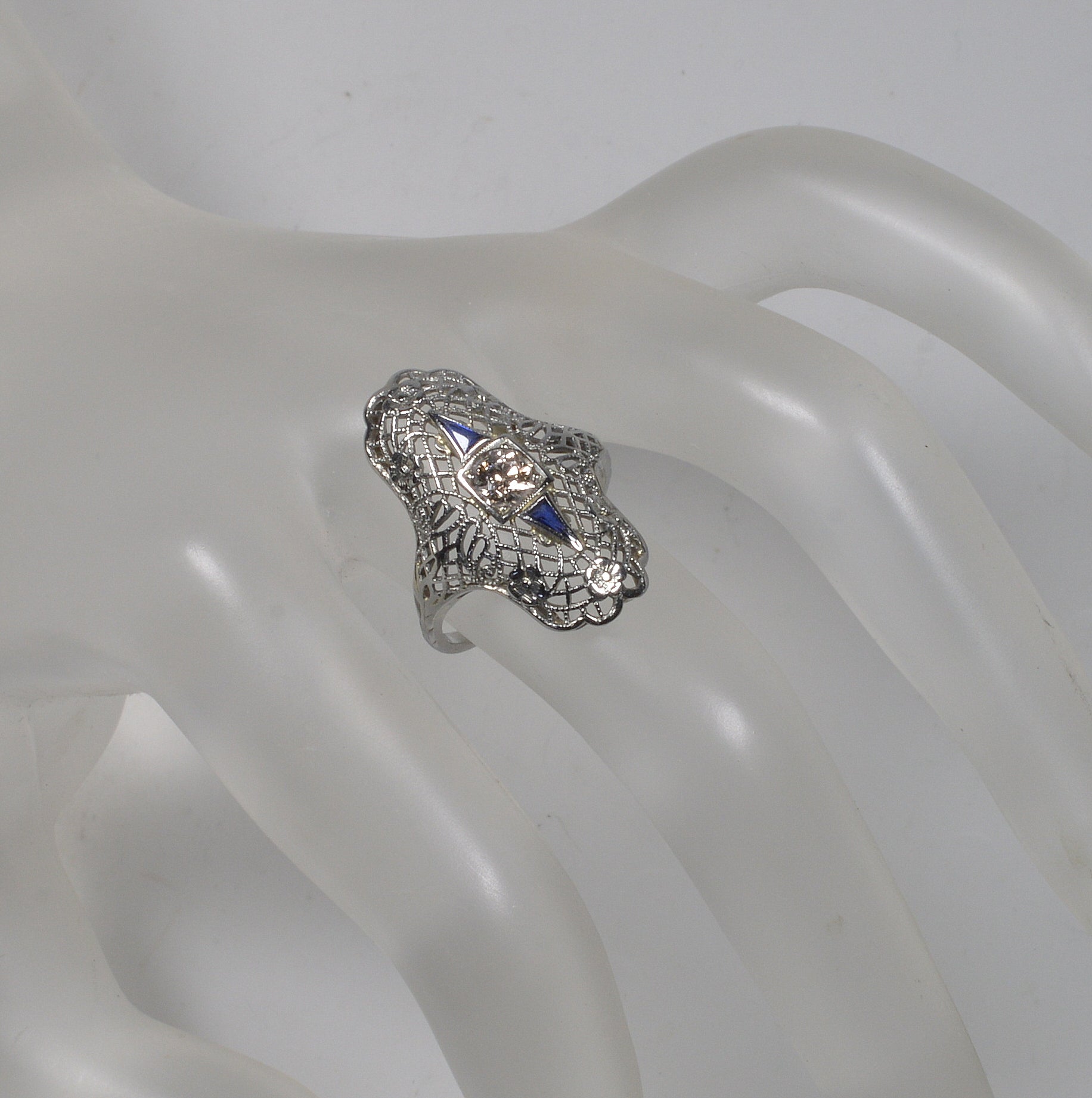 Art Deco 18K White Gold Diamond Sapphire Ring Size 5 3/4