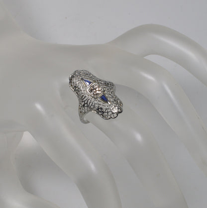 Art Deco 18K White Gold Diamond Sapphire Ring Size 5 3/4