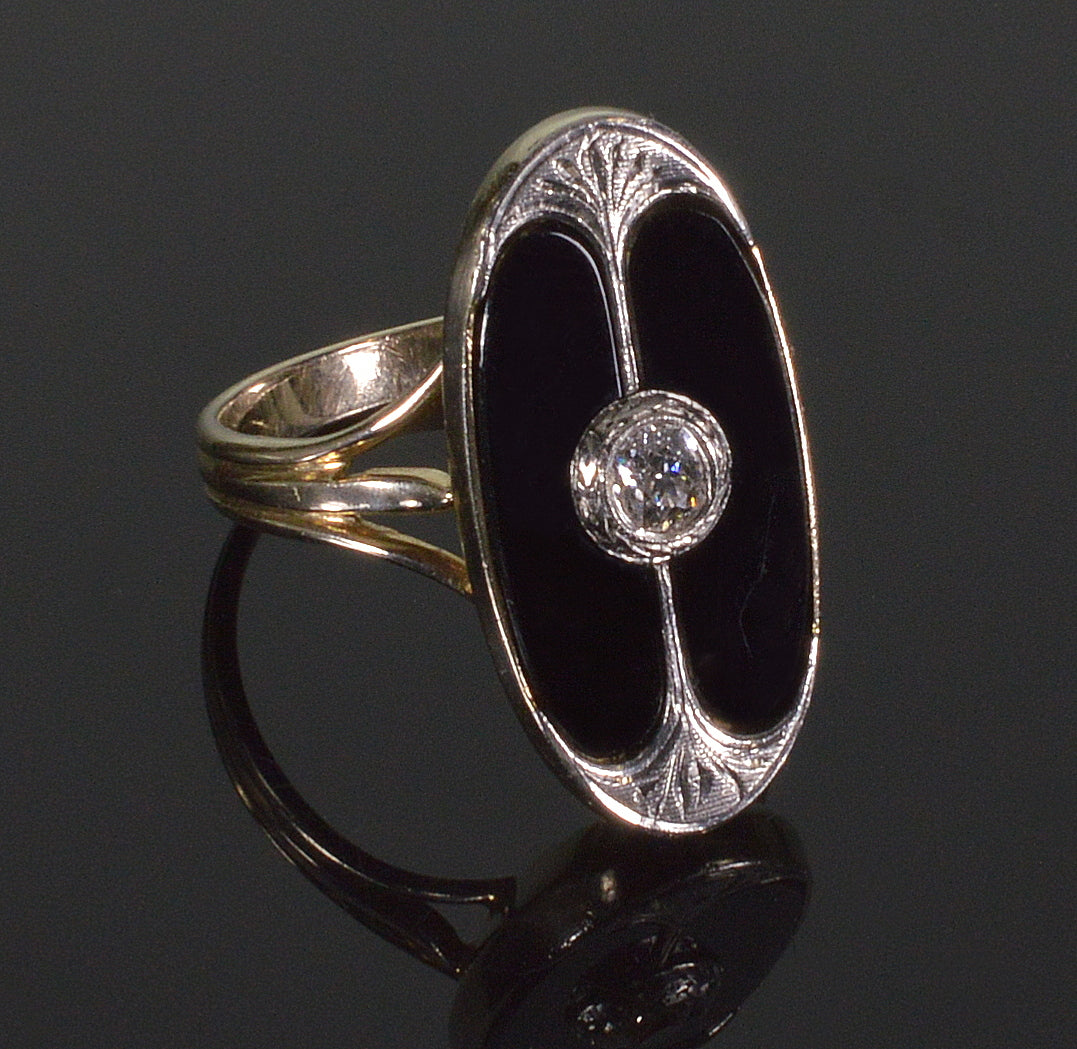 Art Nouveau Egyptian Revival Platinum 14K Gold Ring Diamond Onyx Size 7 C.1900