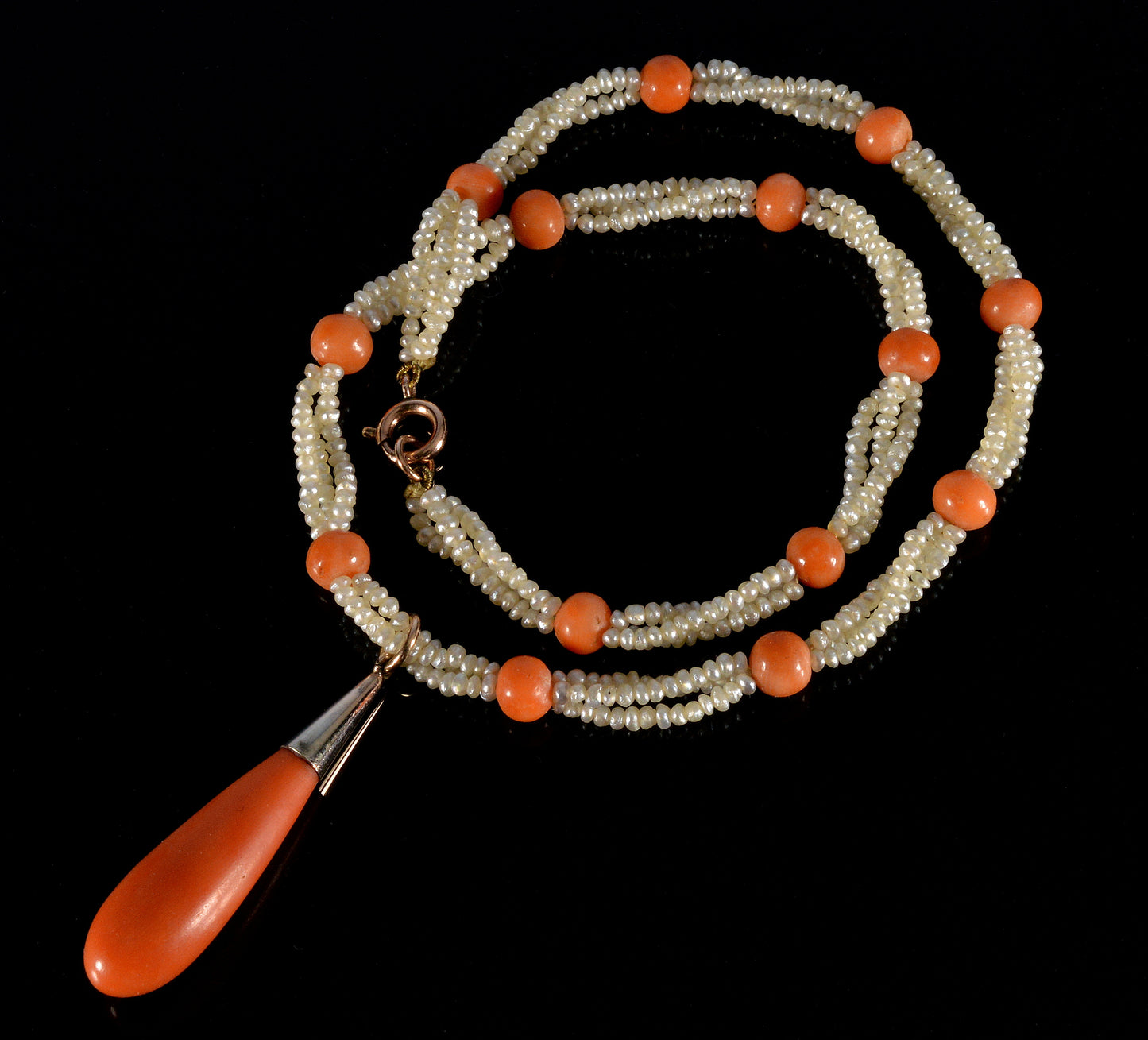 Antique Victorian Seed Pearl Coral Choker Necklace 9K Gold C.1880