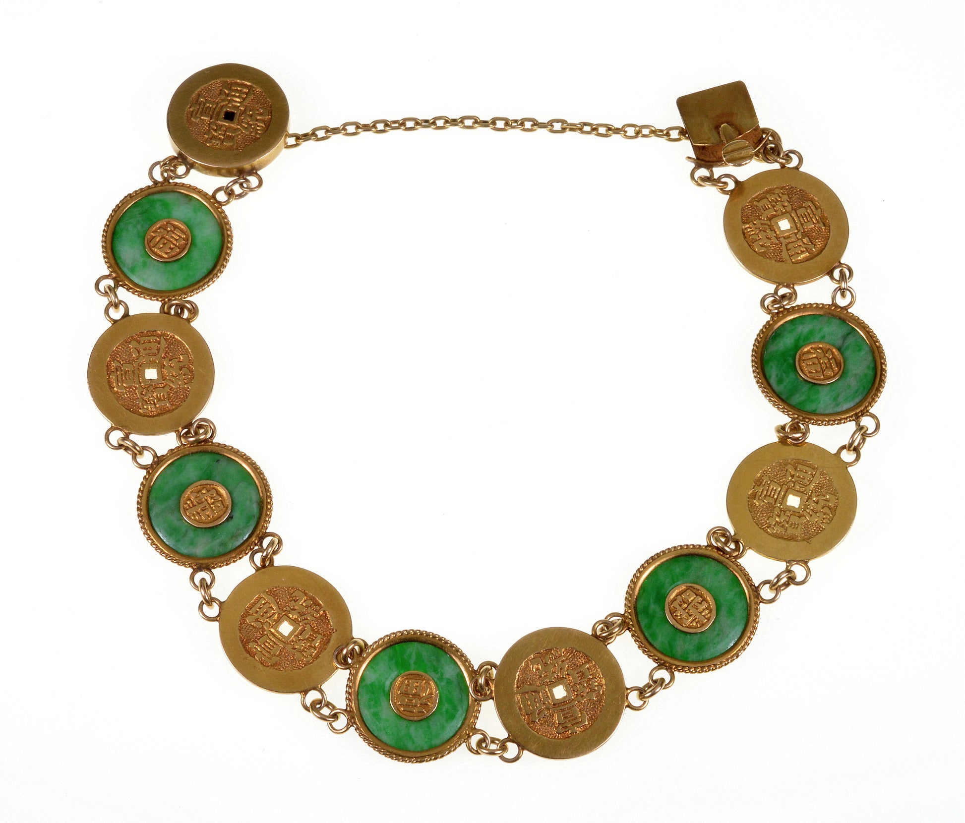Art Deco 20K Gold Jade Coin Bracelet Chinese Export