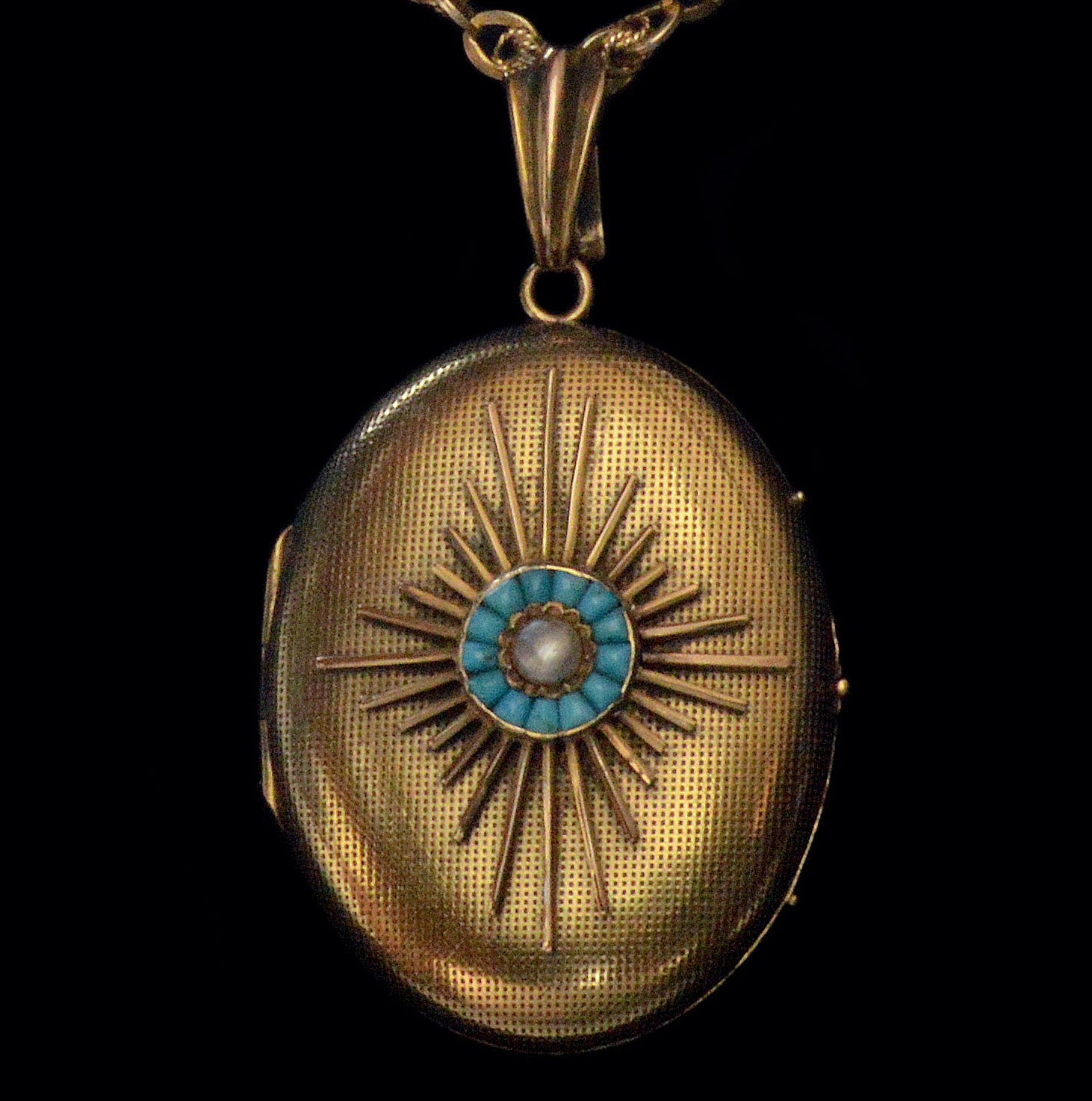 Antique Victorian 14K 18K Gold Turquoise Pearl Locket Pendant C.1890