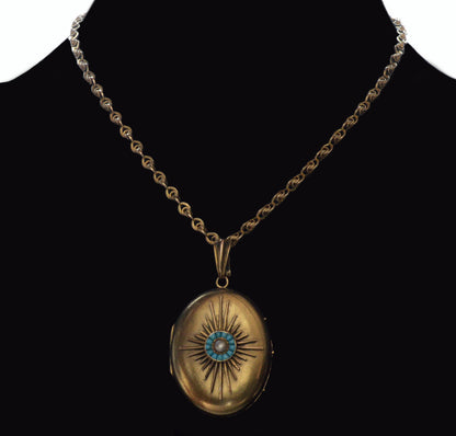 Antique Victorian 14K 18K Gold Turquoise Pearl Locket Pendant C.1890