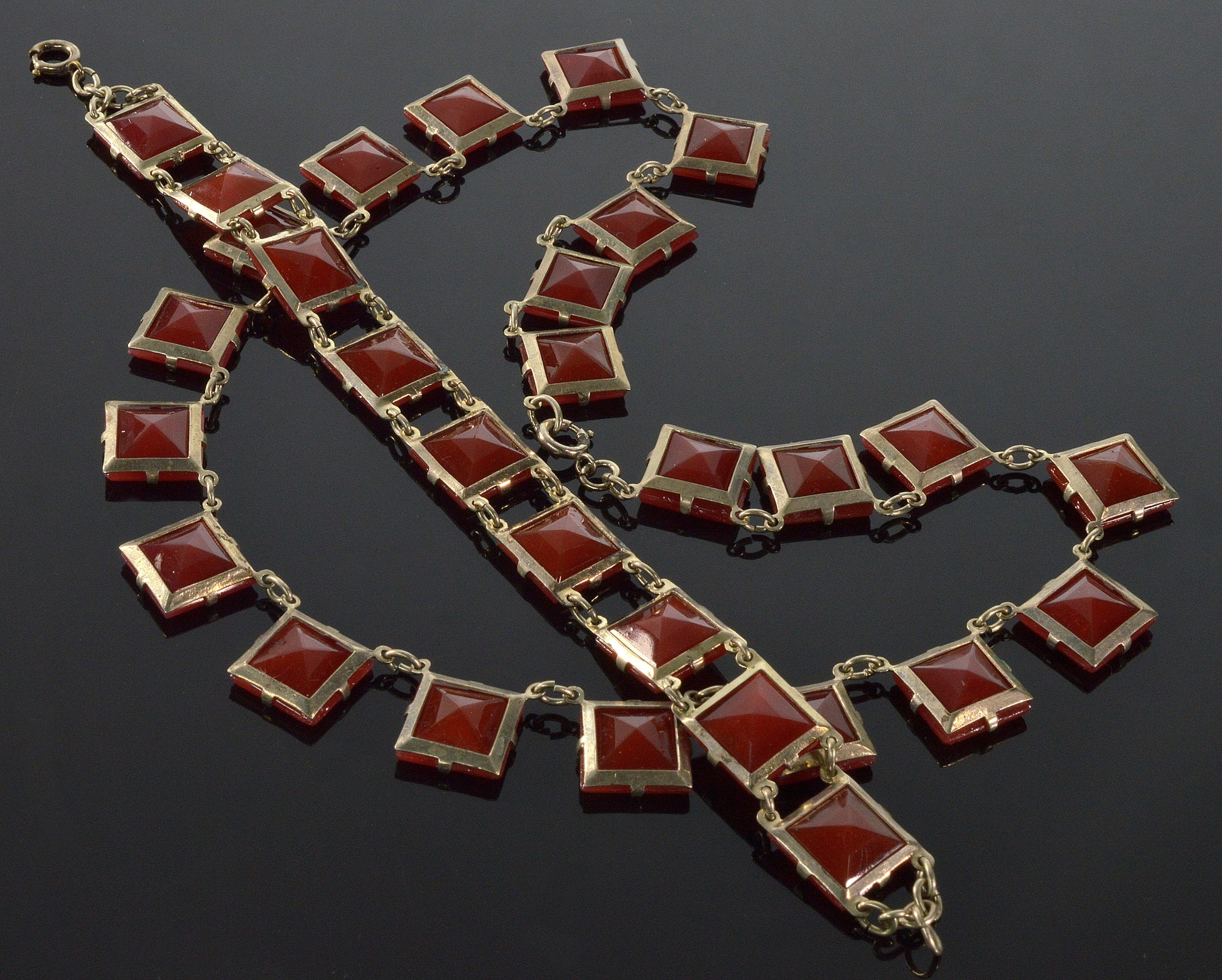 Antique Art Deco Czech Carnelian Glass Riviera Necklace Bracelet C.1920