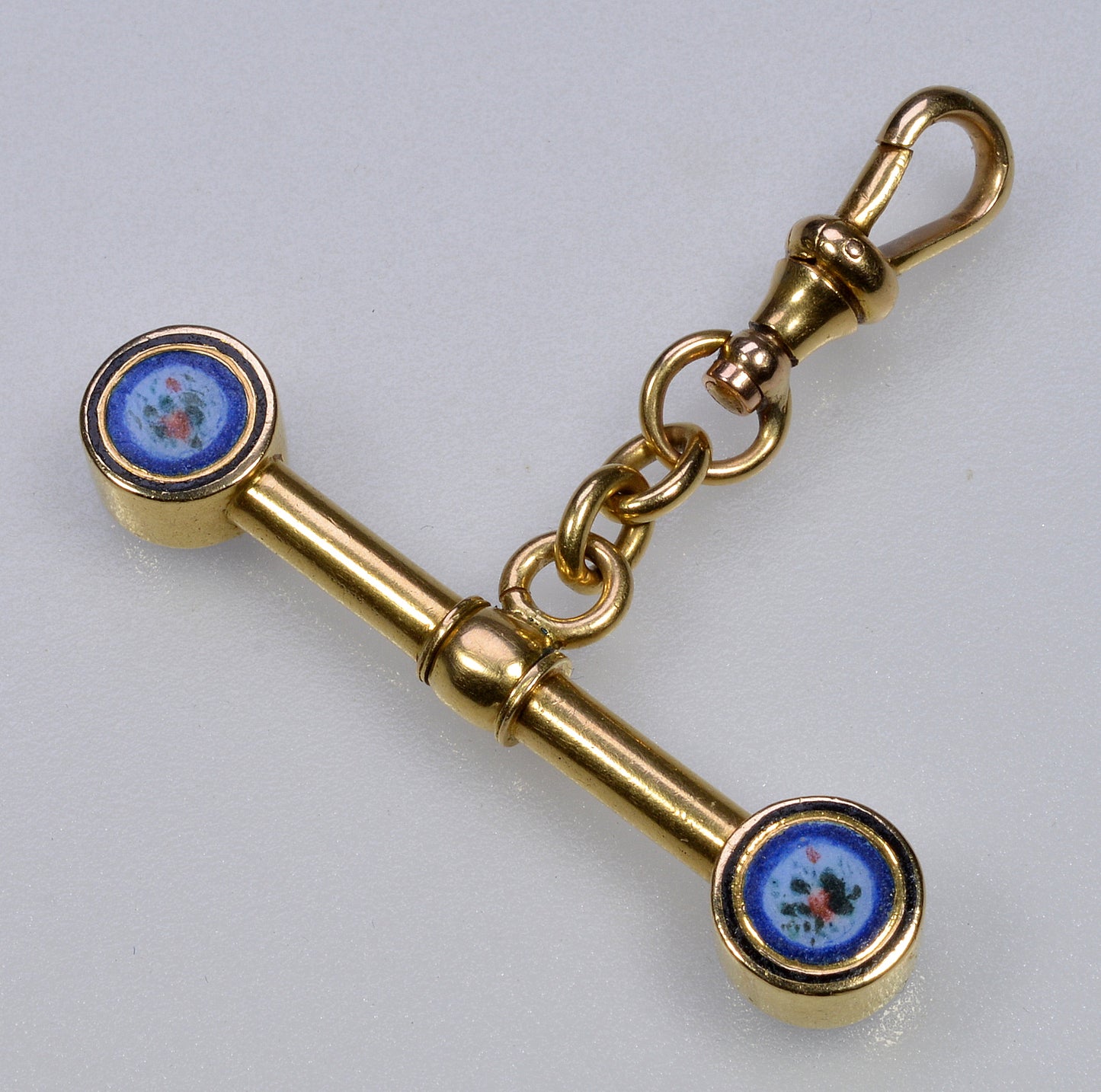 Antique Victorian 18K Yellow Gold Enamel Pendant T-Bar Dog Clip Clasp C.1890