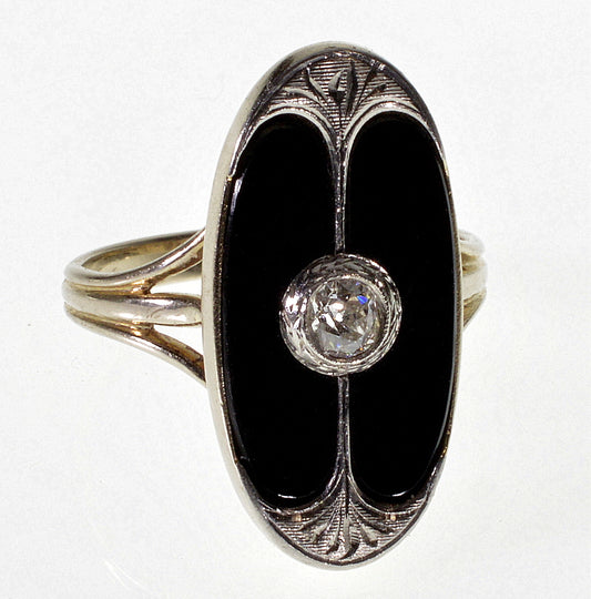 Art Nouveau Egyptian Revival Platinum 14K Gold Ring Diamond Onyx Size 7 C.1900