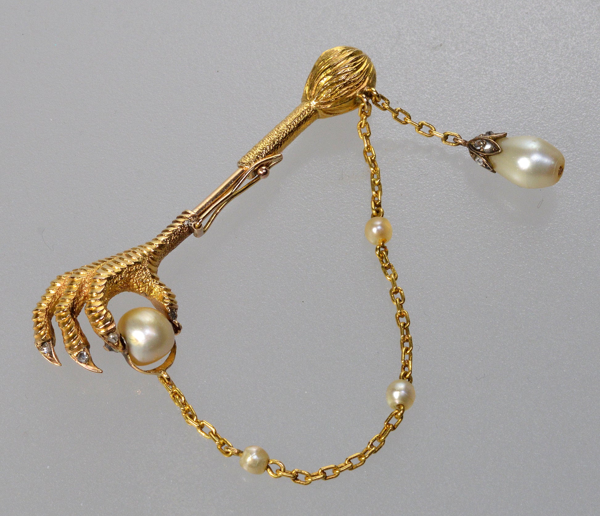 Antique Victorian 18K Gold Diamond Pearl Claw Talon Jabot Pin C.1890