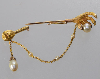 Antique Victorian 18K Gold Diamond Pearl Claw Talon Jabot Pin C.1890