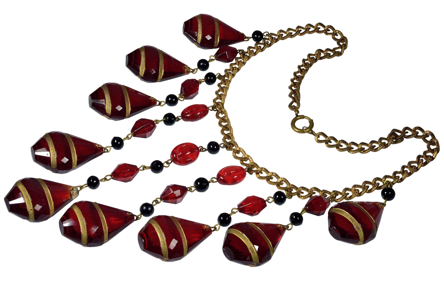 Art Deco Ruby Glass Cascade Necklace Signed Czechoslovakia C.1920