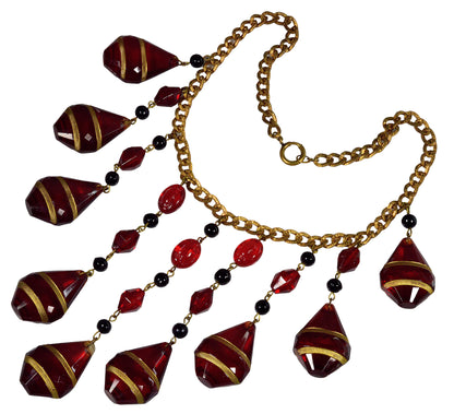 Art Deco Ruby Glass Cascade Necklace Signed Czechoslovakia C.1920