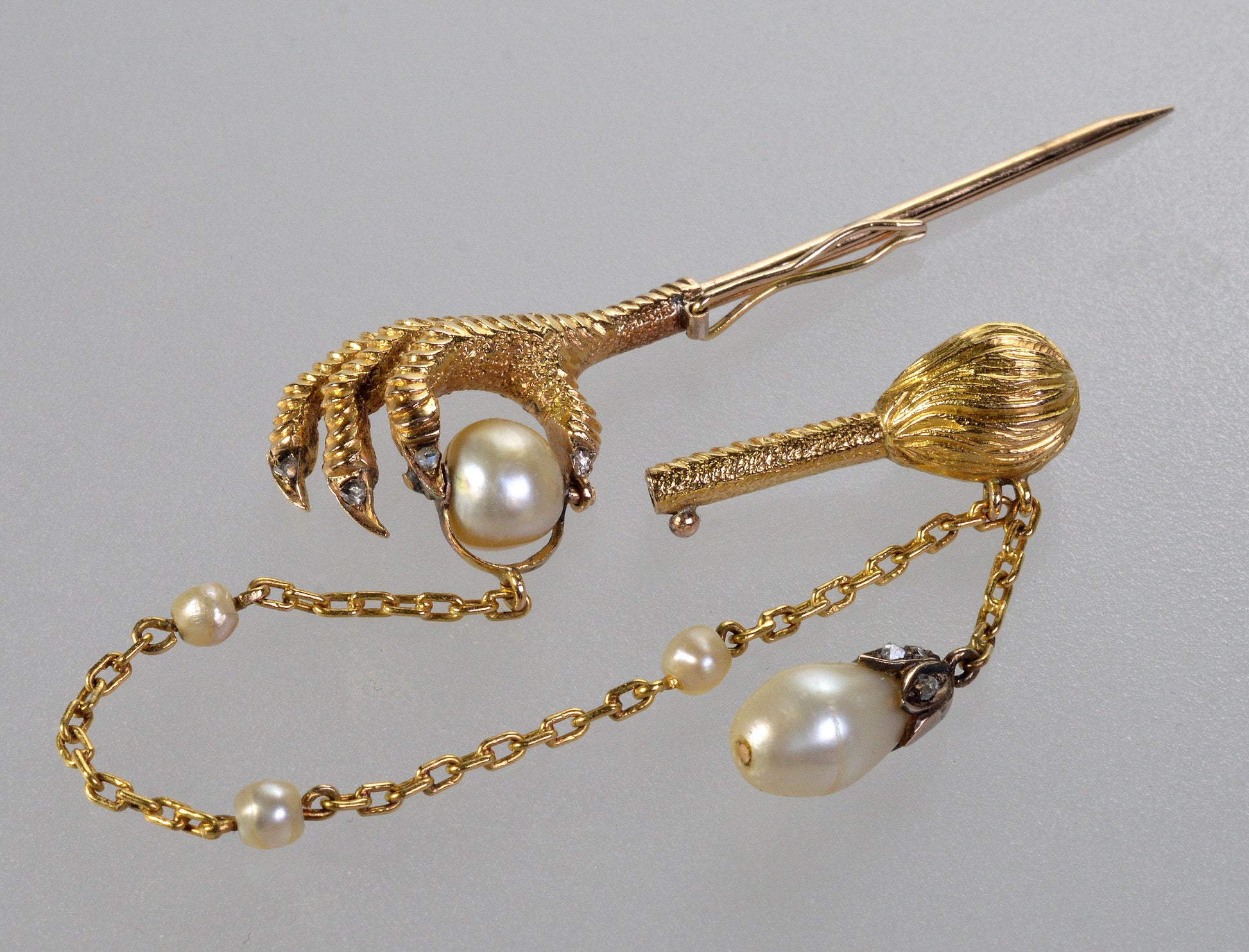 Antique Victorian 18K Gold Diamond Pearl Claw Talon Jabot Pin C.1890