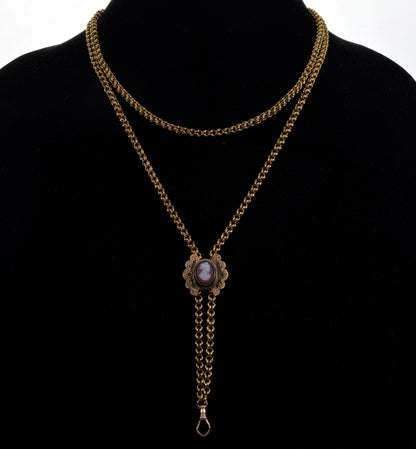 Antique Victorian 14K Gold Longuard Chain Necklace Sardonyx Cameo Slide C.1860