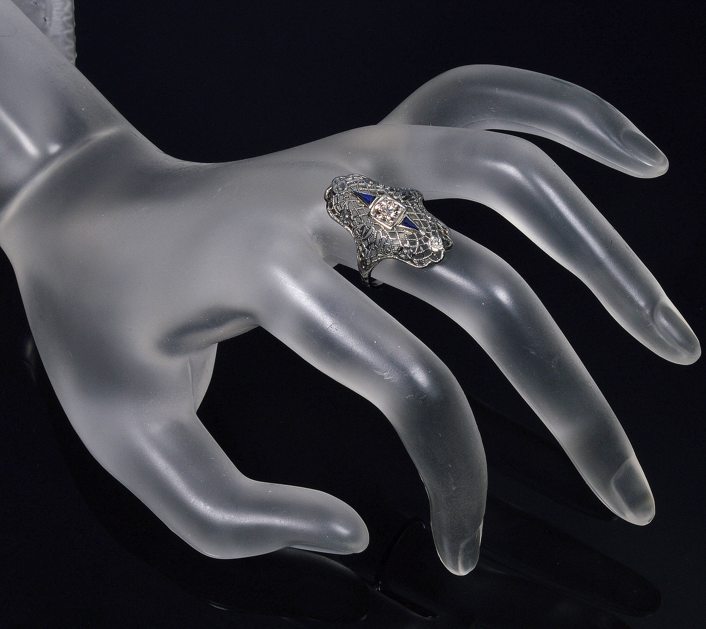 Art Deco 18K White Gold Diamond Sapphire Ring Size 5 3/4