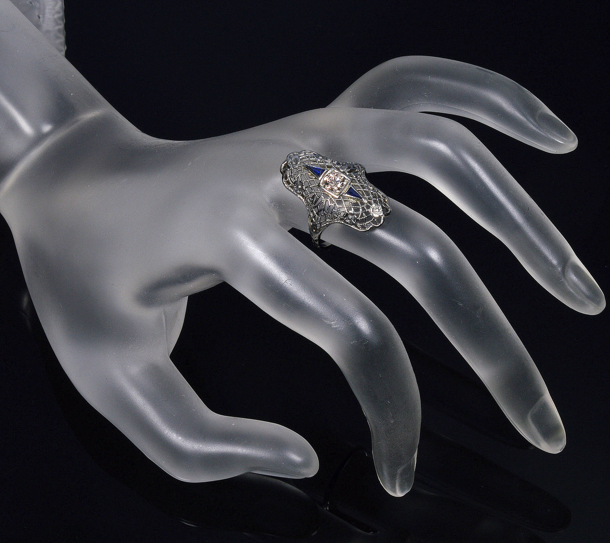 Art Deco 18K White Gold Diamond Sapphire Ring Size 5 3/4