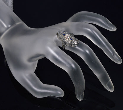 Art Deco 18K White Gold Diamond Sapphire Ring Size 5 3/4