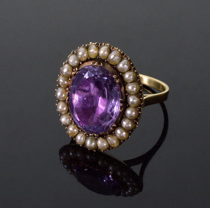 Antique Georgian 14K Gold Amethyst Pearl Ring Conversion Size 7 1/2 C.1820