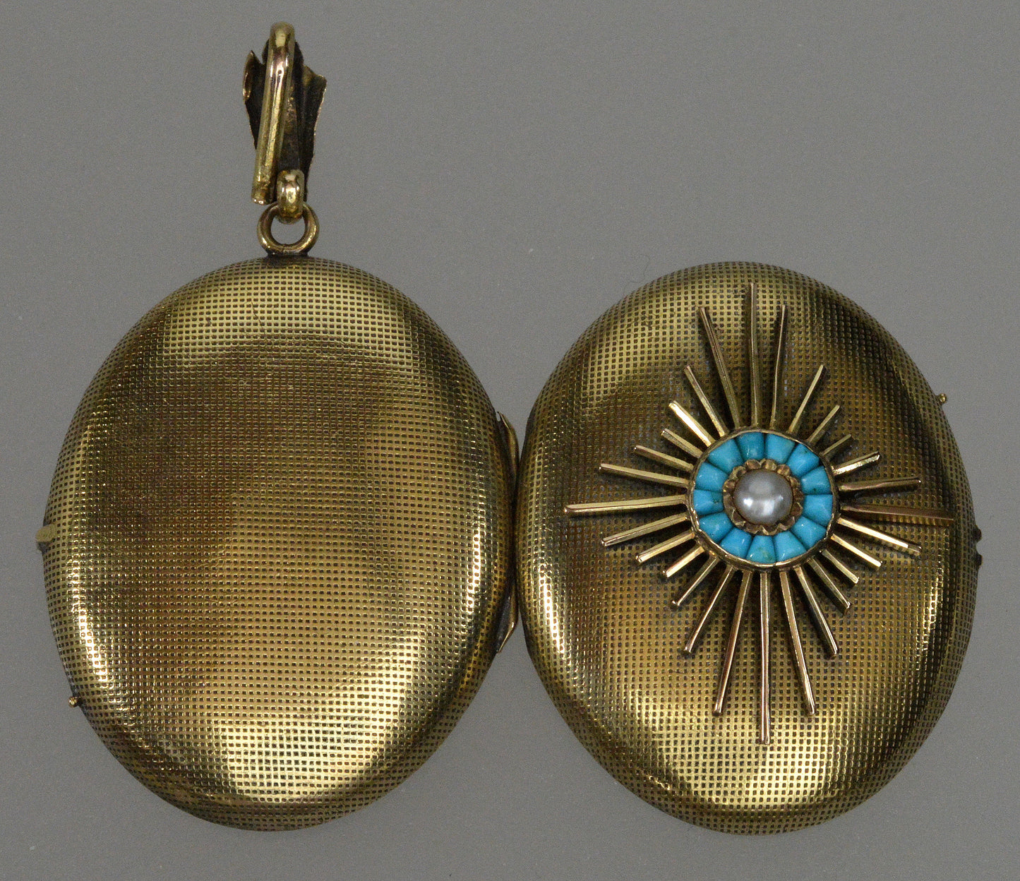 Antique Victorian 14K 18K Gold Turquoise Pearl Locket Pendant C.1890