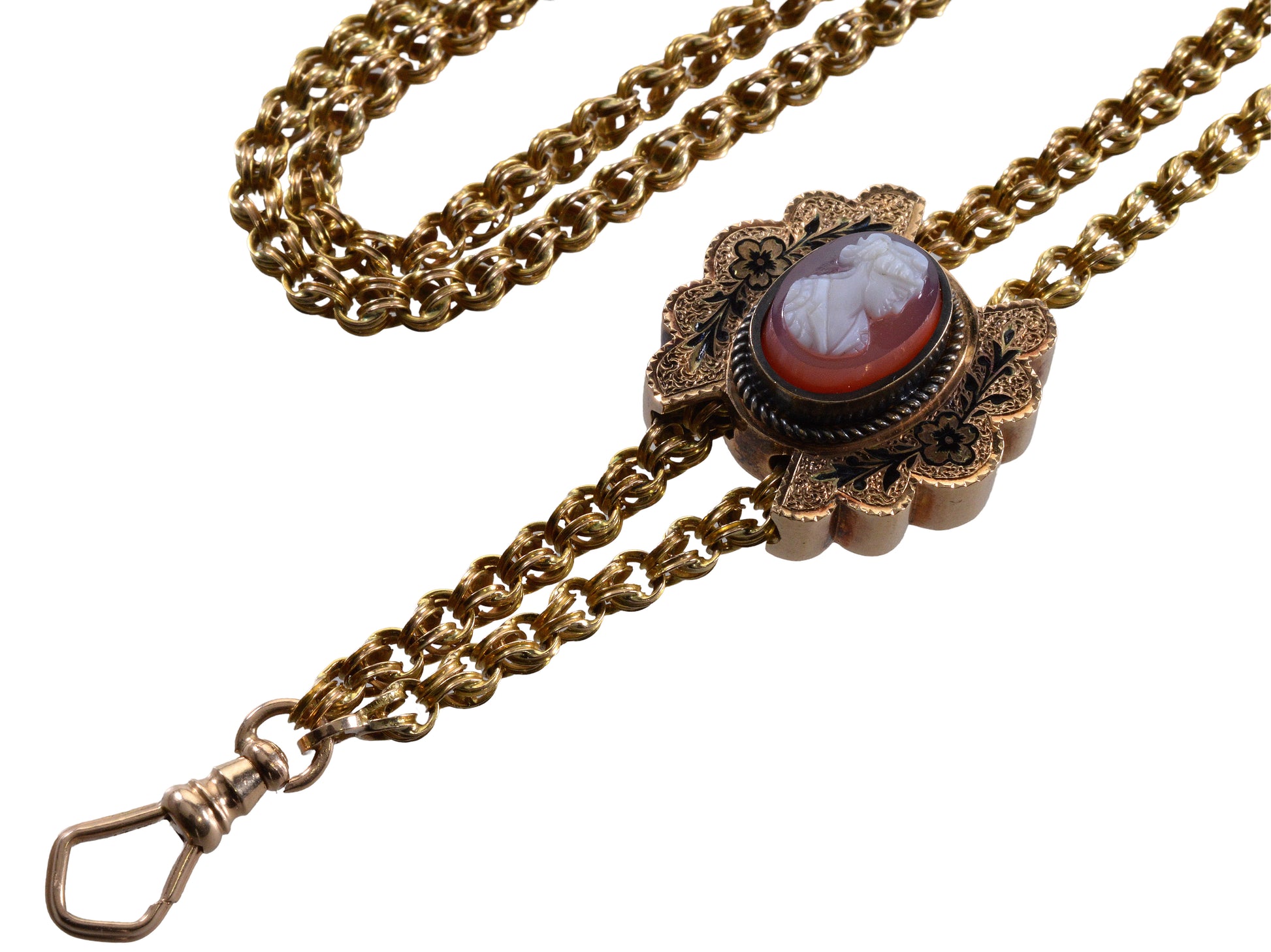 Antique Victorian 14K Gold Longuard Chain Necklace Sardonyx Cameo Slide C.1860