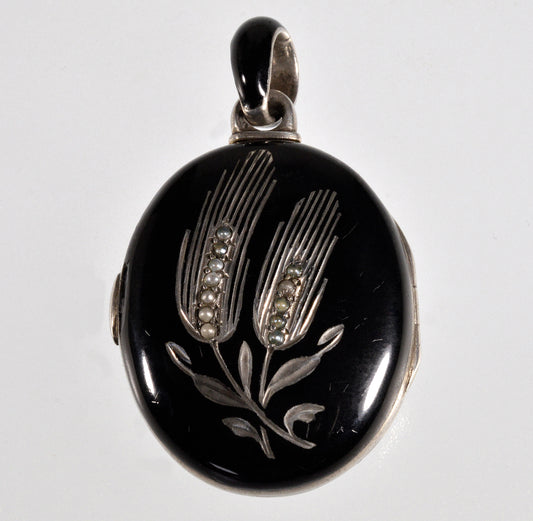 Victorian Enamel Seed Pearl Silver Locket Pendant C.1880