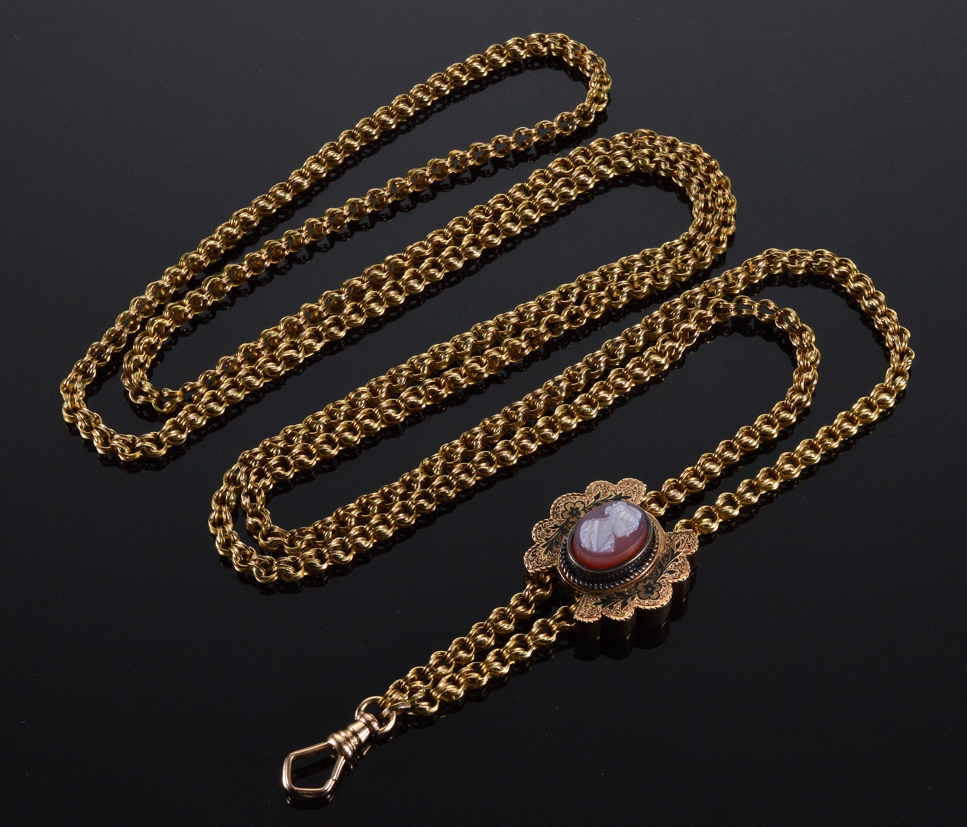 Antique Victorian 14K Gold Longuard Chain Necklace Sardonyx Cameo Slide C.1860