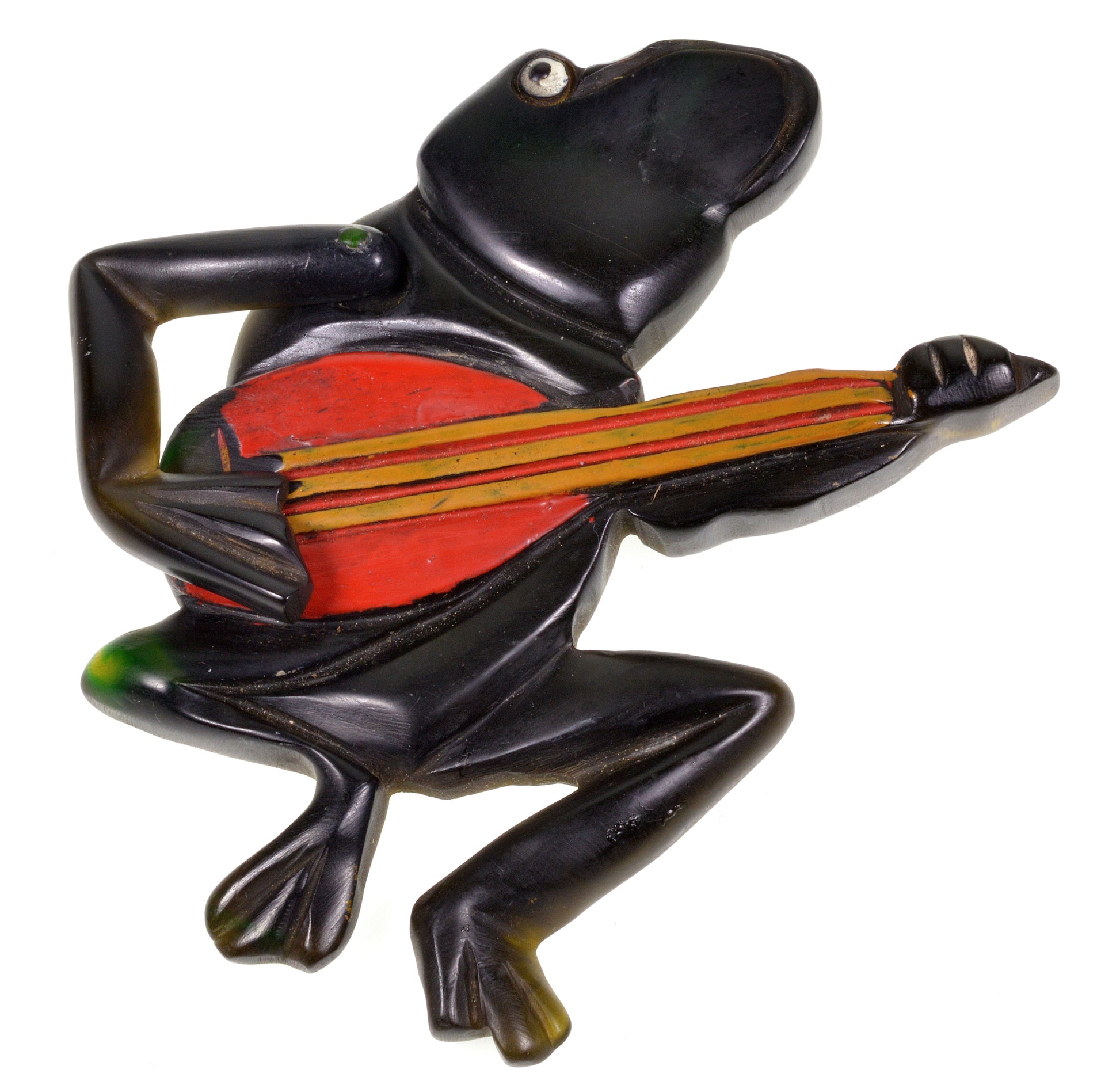 Collectible Bakelite Frog Banjo Brooch Pin Movable Arm C.1930