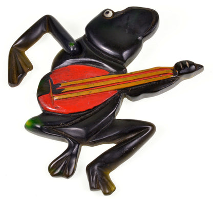 Collectible Bakelite Frog Banjo Brooch Pin Movable Arm C.1930