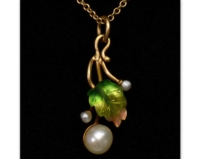 Antique Art Nouveau 14K Gold Enamel Pearl Pendant Necklace C.1900