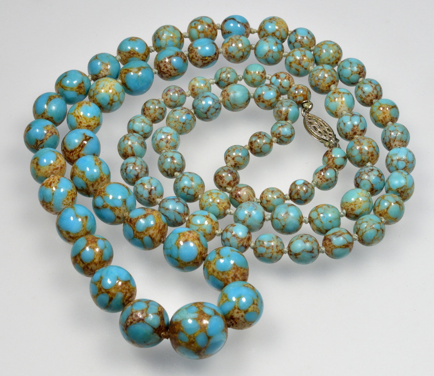 Art Deco Czech Hubbell Turquoise Glass Graduated Bead Necklace 32" C.1920