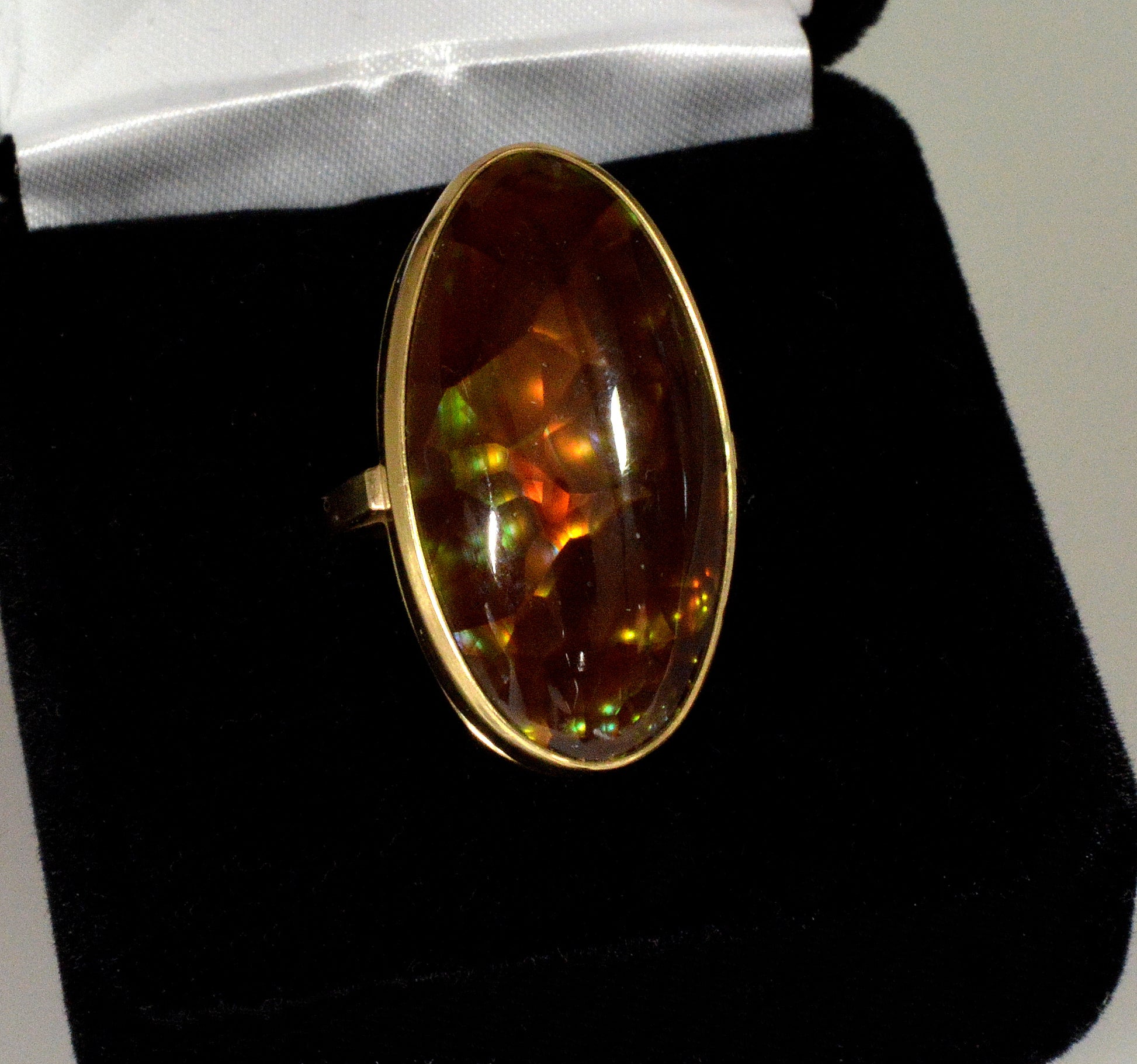 Rainbow Fire Agate 14K Gold Cocktail Ring Size 7