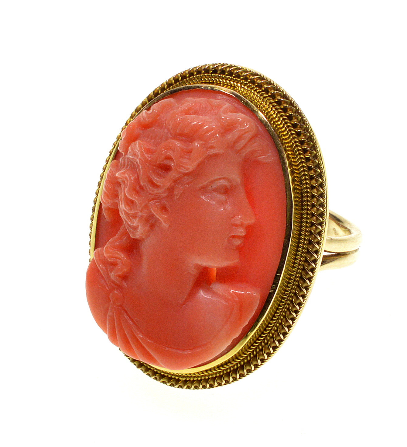 Antique Victorian 14K Gold Salmon Coral Cameo Ring Size 5 3/4 C.1890