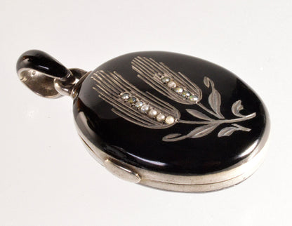 Victorian Enamel Seed Pearl Silver Locket Pendant C.1880