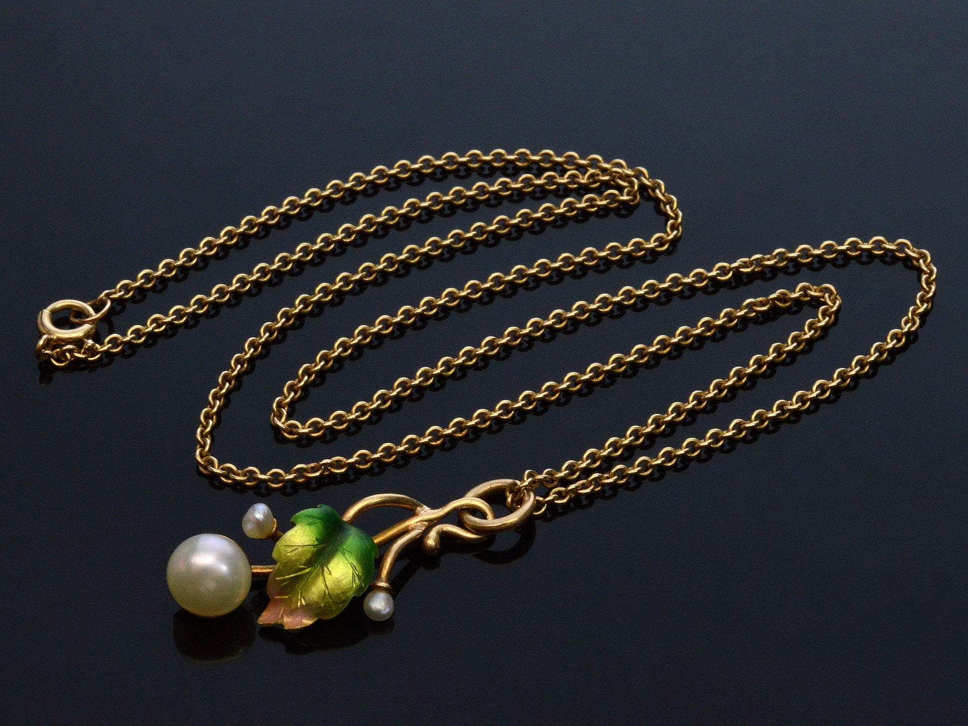 Antique Art Nouveau 14K Gold Enamel Pearl Pendant Necklace C.1900