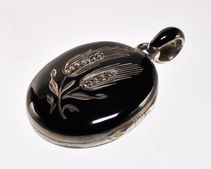 Victorian Enamel Seed Pearl Silver Locket Pendant C.1880