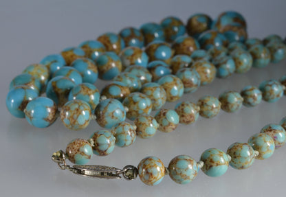 Art Deco Czech Hubbell Turquoise Glass Graduated Bead Necklace 32" C.1920