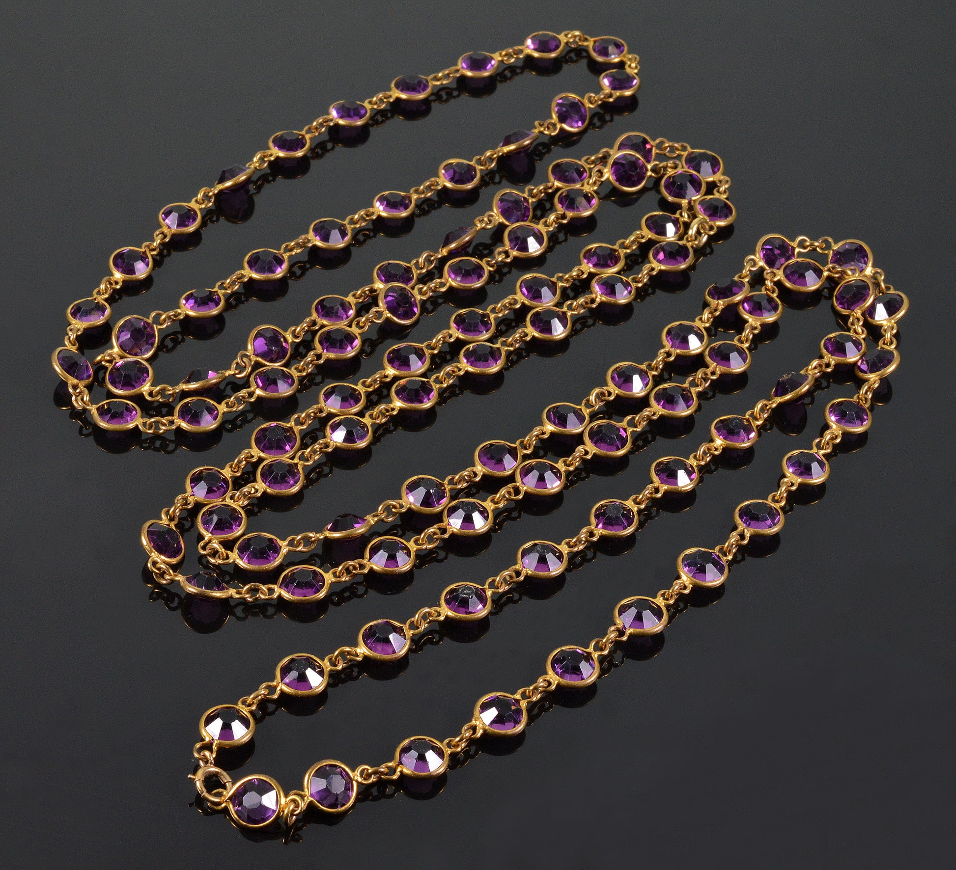 Antique Victorian Amethyst Paste GF Longuard Chain Necklace 58" C.1890